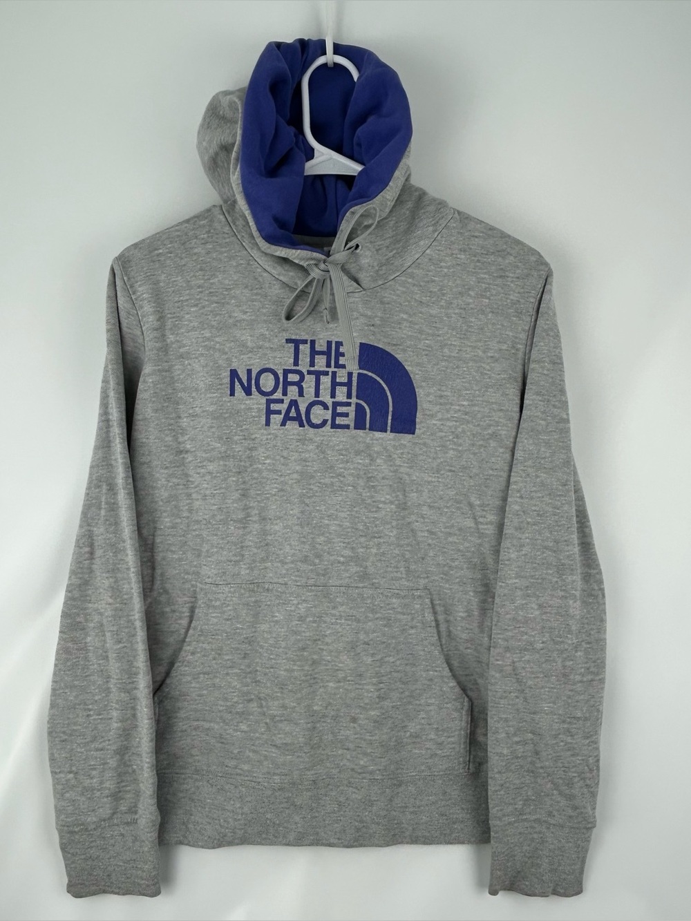 The North Face Gray Pullover Hoodie with purple Logo and Lined Hood